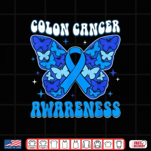 Design Colorectal Colon Cancer Awareness Blue Ribbon Butterfly Shirt
