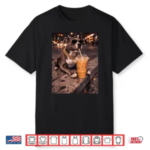 Funny Cool Pitbull Dog Drinking Iced Coffee Animal Lover Shirt