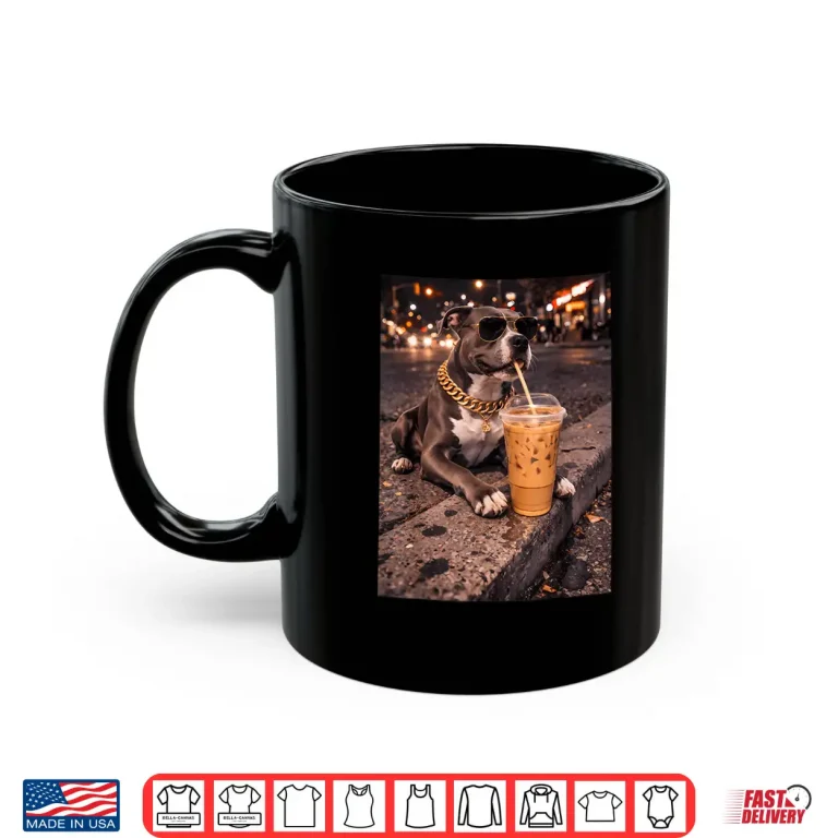 Mug Funny Cool Pitbull Dog Drinking Iced Coffee Animal Lover Shirt