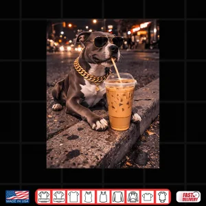 Design Funny Cool Pitbull Dog Drinking Iced Coffee Animal Lover Shirt