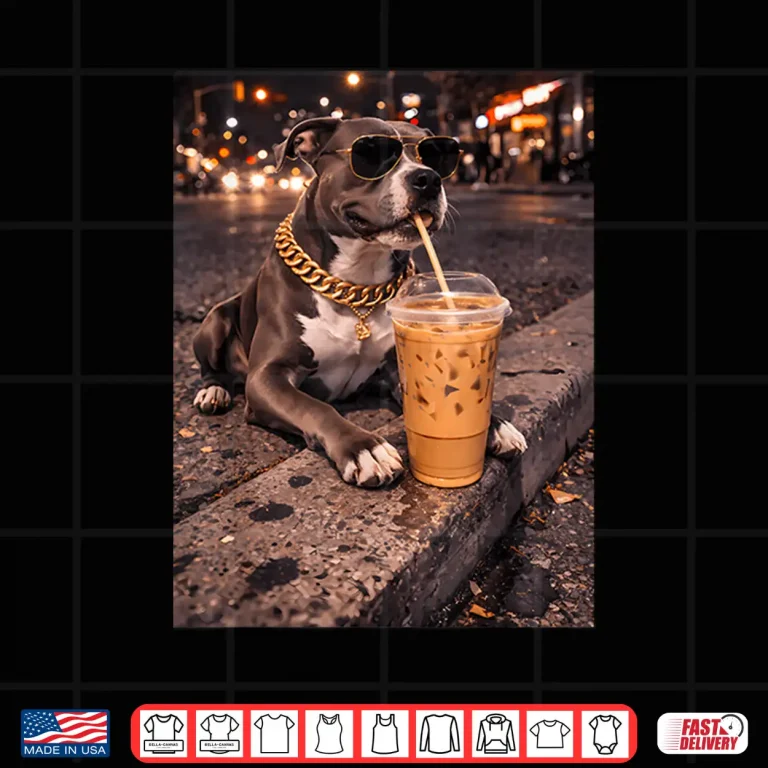 Design Funny Cool Pitbull Dog Drinking Iced Coffee Animal Lover Shirt