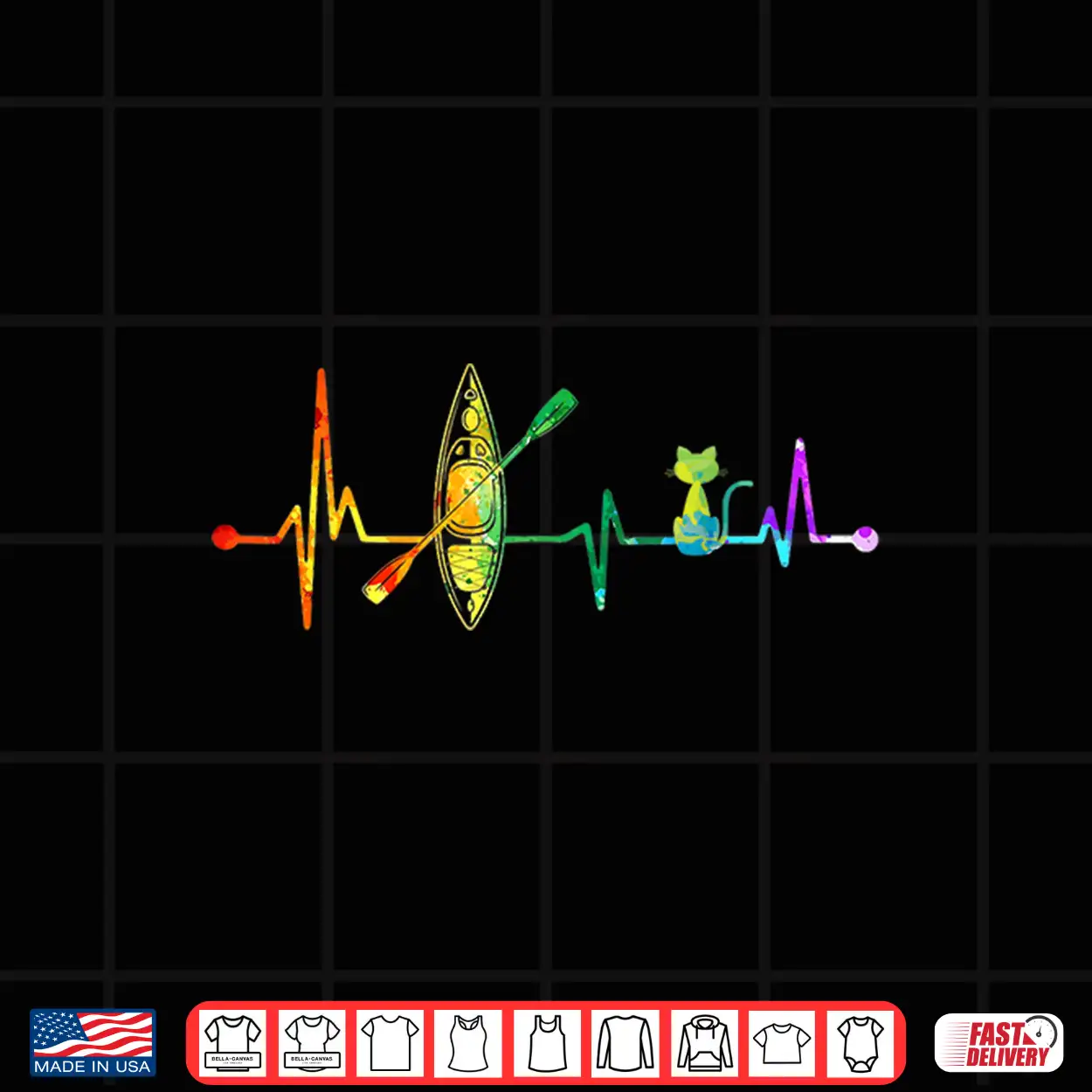 Kayak And Cat Lover Heartbeat Watercolor Vintage Kayaking Shirt