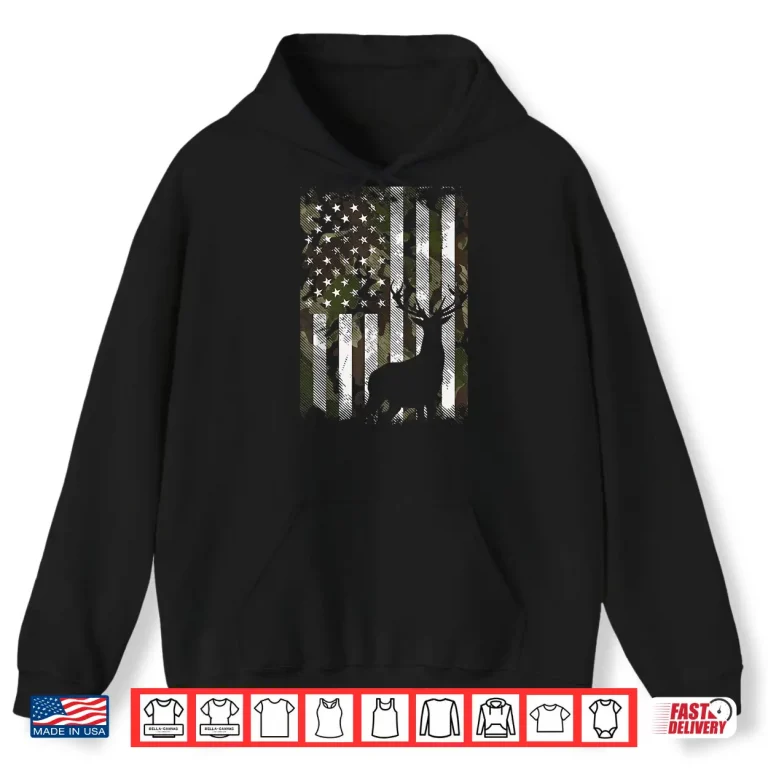 Hoodie Camo American Flag Deer Elk Buck Hunting USA Hunter Gift Shirt