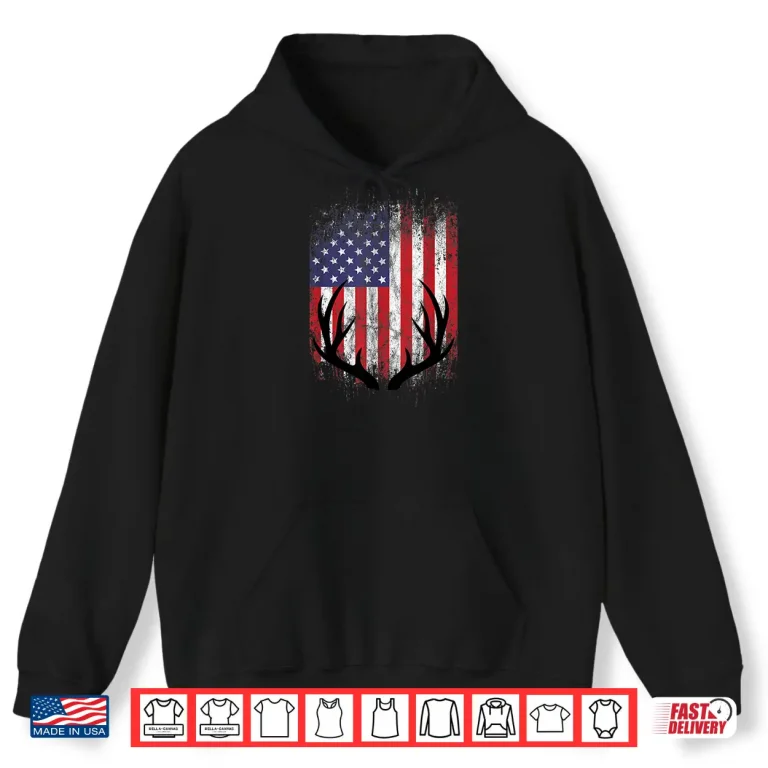 Hoodie Deer Hunting American Flag Whitetail Buck Antlers Shirt