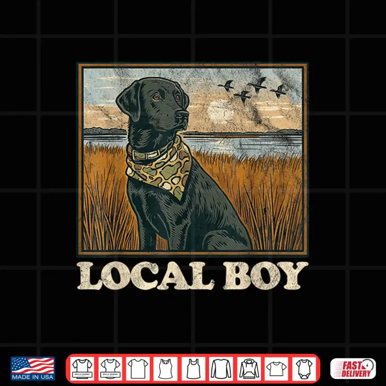 Design Local Boy Black Lab Hunting Dog Marsh Scene Sunset Vintage Shirt