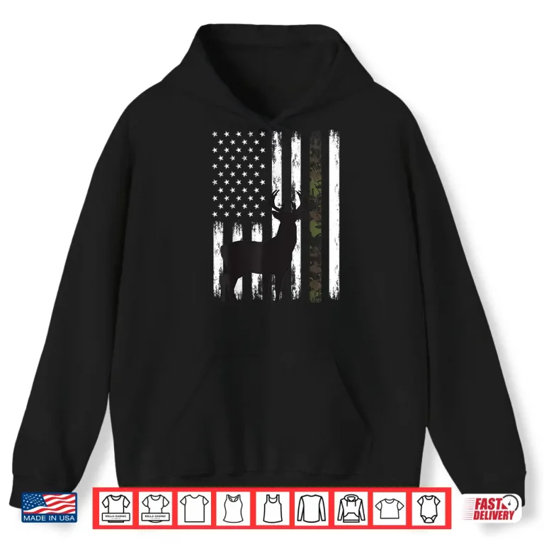 Hoodie Whitetail Deer Hunting Hunter Gifts Buck Camo American Flag Shirt