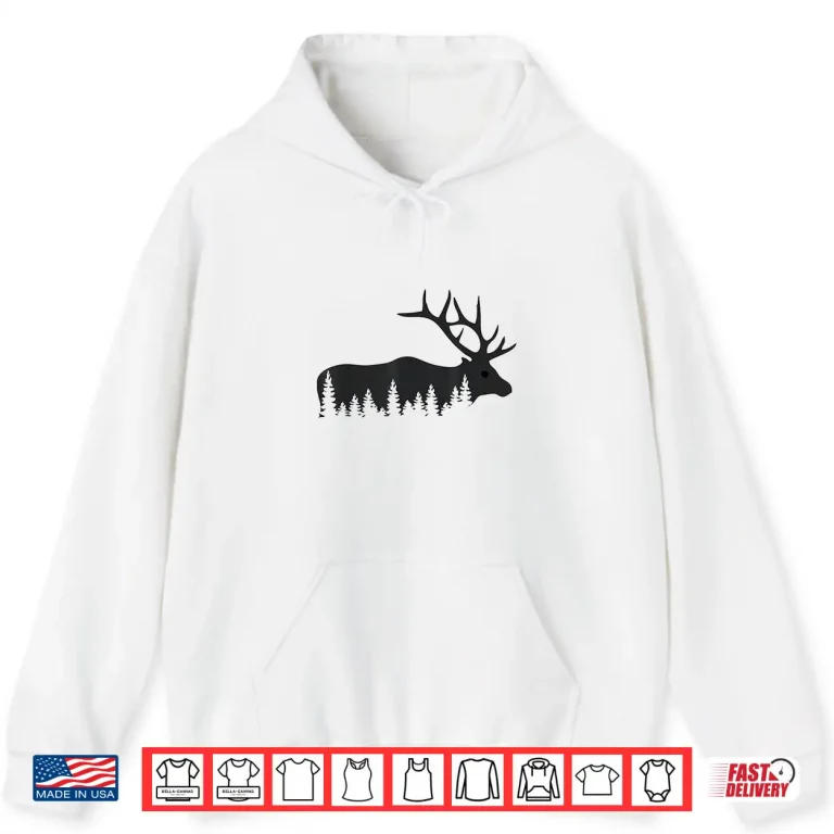 Hoodie Elk Trees Silhouette Buck Deer Hunting Outdoors Shirt