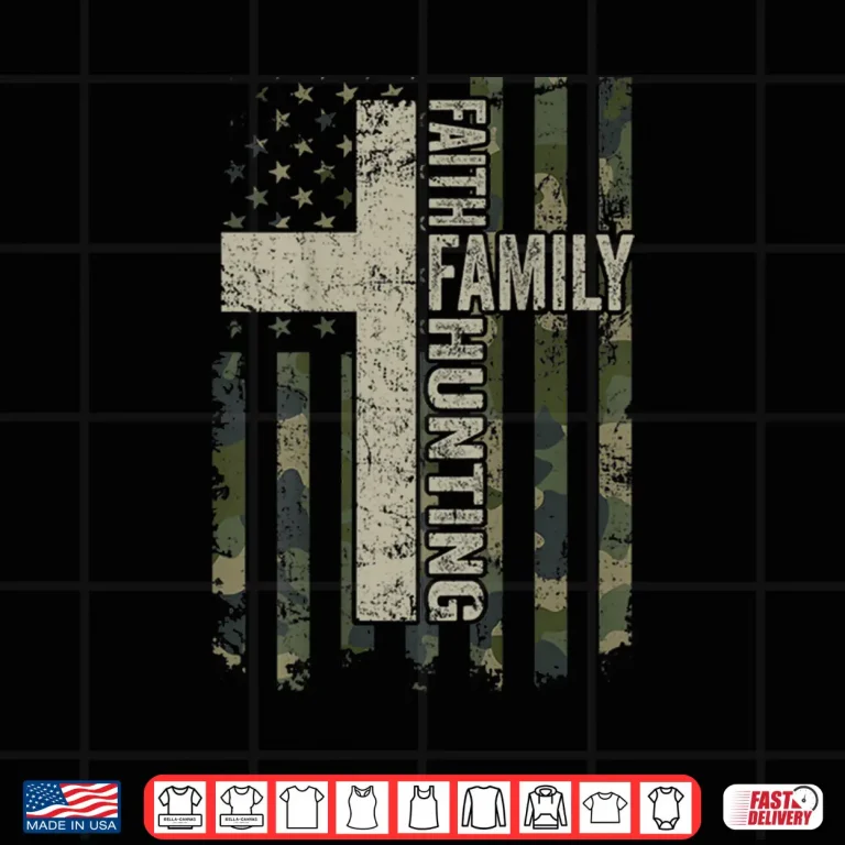 Design Faith Family Hunting Funny Hunter Camo USA Flag ON BACK Shirt