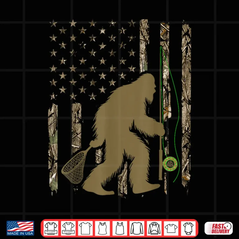 Design Bigfoot Fly Fishing Sasquatch American Flag Tree Camouflage Shirt