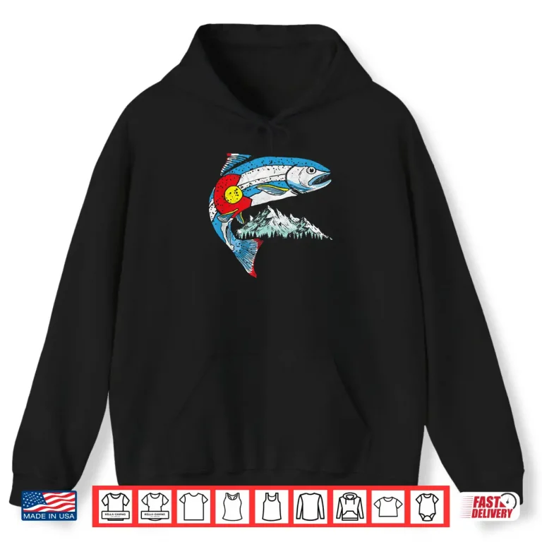 Hoodie Retro Colorado Flag Trout Vintage Fly Fishing Graphic Design Shirt