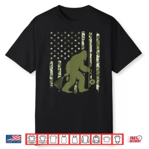 Bigfoot Sasquatch Fly Fishing American Flag Camo Vintage Shirt