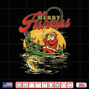 Design Merry Fishmas Santa Fishing Funny Christmas Holiday Tee Shirt