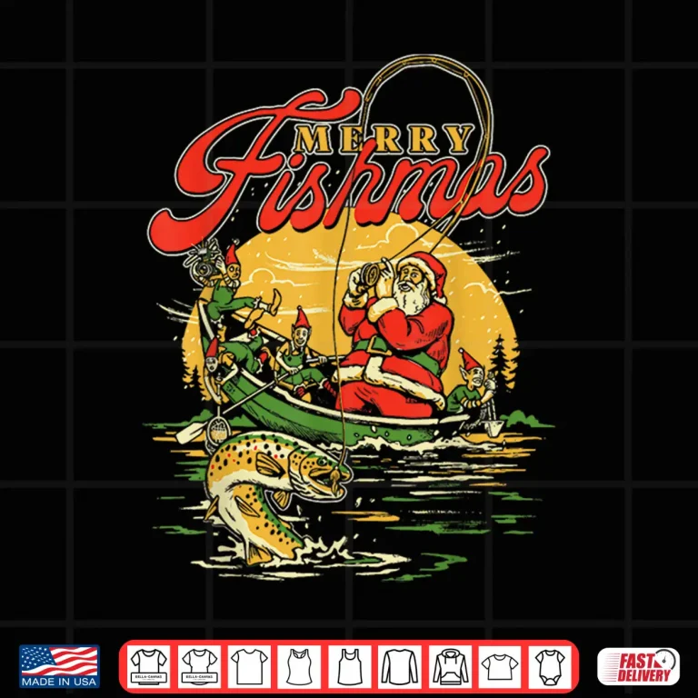 Design Merry Fishmas Santa Fishing Funny Christmas Holiday Tee Shirt