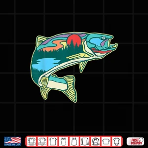 Design Nature Trout Illustration Vintage Fly Fishing Retro Graphic Shirt