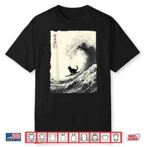Funny Cat Surfing The Great Wave Japanese Ukiyo E Art Shirt