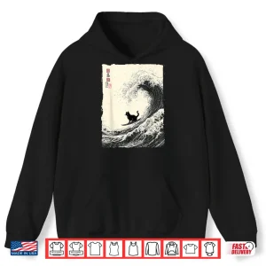 Hoodie Funny Cat Surfing The Great Wave Japanese Ukiyo e Art Shirt
