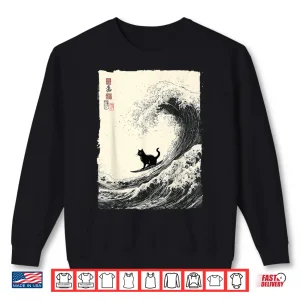 Sweatshirt Funny Cat Surfing The Great Wave Japanese Ukiyo e Art Shirt