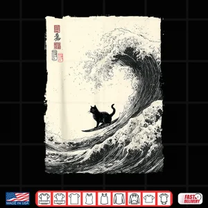 Design Funny Cat Surfing The Great Wave Japanese Ukiyo e Art Shirt