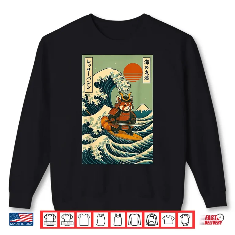 Sweatshirt Red Panda Samurai Surfing Japanese Wave Shirt