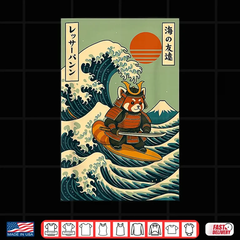Design Red Panda Samurai Surfing Japanese Wave Shirt