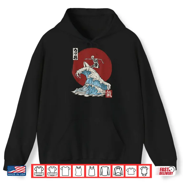 Hoodie Skeleton Surfing the The Great Wave off Kanagawa Japanese Shirt