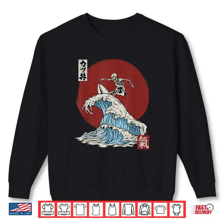 Sweatshirt Skeleton Surfing the The Great Wave off Kanagawa Japanese Shirt
