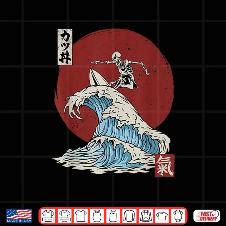 Design Skeleton Surfing the The Great Wave off Kanagawa Japanese Shirt