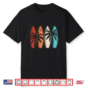 Tropical Hawaii Palm Tree Surfing Beach Surfboard Retro Surf Shirt