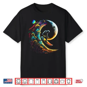 Astronaut Surfing Through Space Universe Galaxy Planets Moon Shirt
