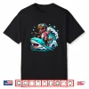 Beach Lover T Rex Dinosaur Riding Shark Surfing Ocean Wave Shirt