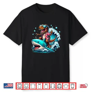 Beach Lover T Rex Dinosaur Riding Shark Surfing Ocean Wave Shirt