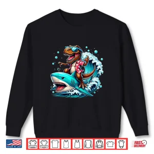 Sweatshirt Beach Lover T Rex Dinosaur Riding Shark Surfing Ocean Wave Shirt