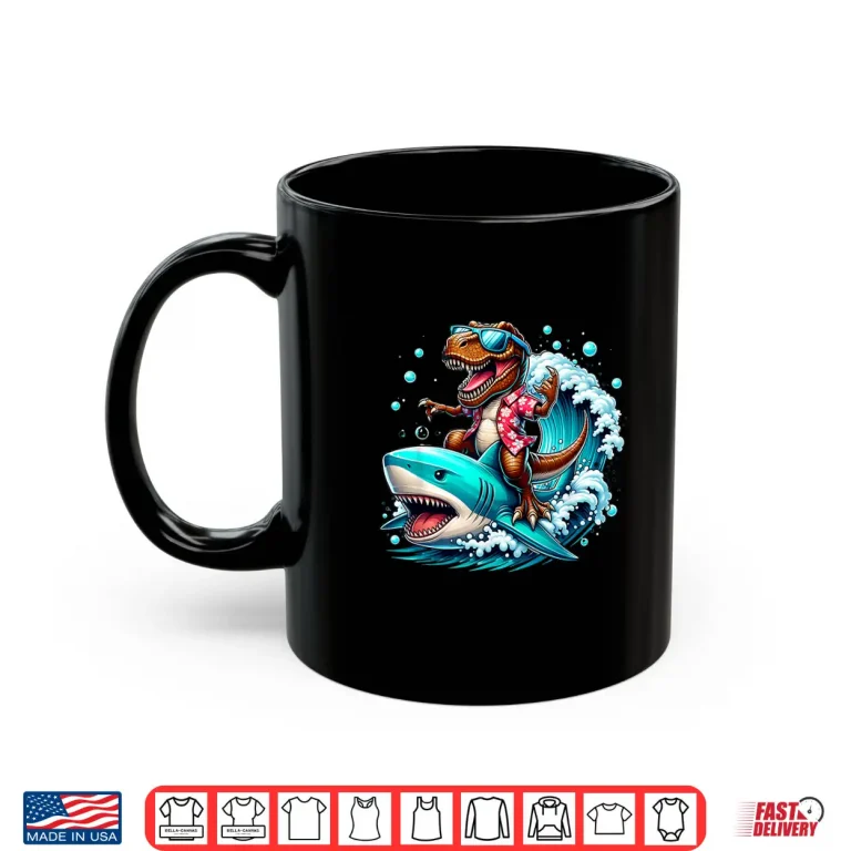 Mug Beach Lover T Rex Dinosaur Riding Shark Surfing Ocean Wave Shirt