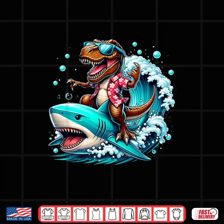 Design Beach Lover T Rex Dinosaur Riding Shark Surfing Ocean Wave Shirt