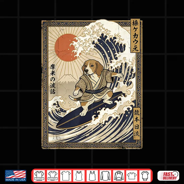 Design Beagle Japanese Surfing Kanagawa Wave Funny Samurai Dog Shirt