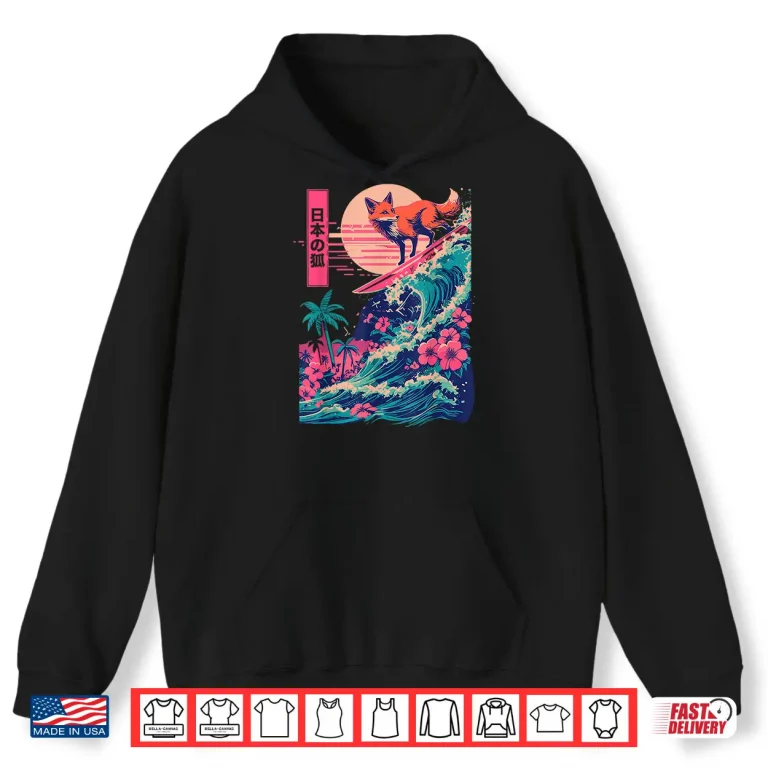 Hoodie Japanese Fox Surfing Wave Great Wave Japan Shirt