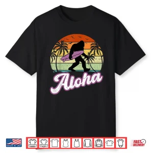 Aloha Bigfoot Cradling Surfboard Sasquatch In Hawaii Vintage Shirt