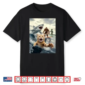Funny Cat Surfing Bigfoot Alien Shark Shirt