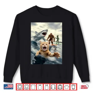 Sweatshirt Funny Cat Surfing Bigfoot Alien Shark Shirt