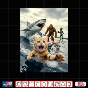 Design Funny Cat Surfing Bigfoot Alien Shark Shirt