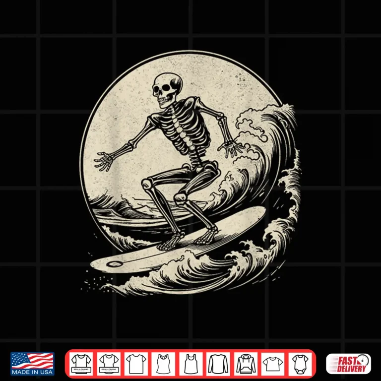 Design Skeleton Surfer Vintage Big Wave Surfing Funny Halloween Shirt