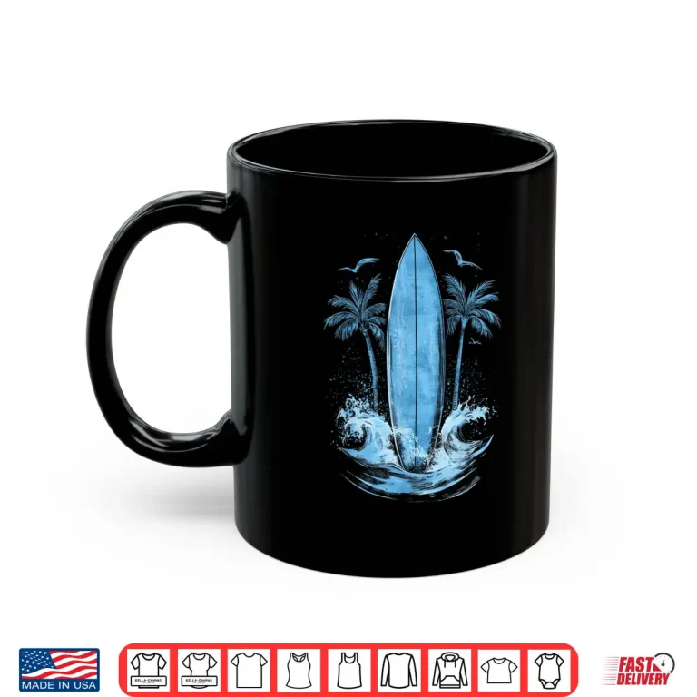Mug Surf Watercolor Surfboard Surfing Beach Palm Trees Surfer Shirt