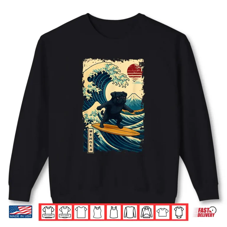 Sweatshirt Black Pug Japanese Kanagawa Wave Surfing Japan Mom Dad Kids Shirt