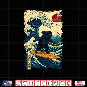 Design Black Pug Japanese Kanagawa Wave Surfing Japan Mom Dad Kids Shirt