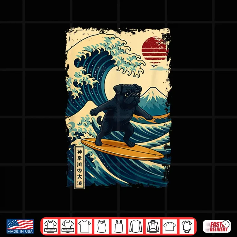 Design Black Pug Japanese Kanagawa Wave Surfing Japan Mom Dad Kids Shirt