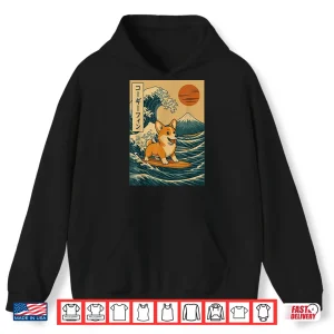 Hoodie Corgi Surfing Japanese Wave Shirt