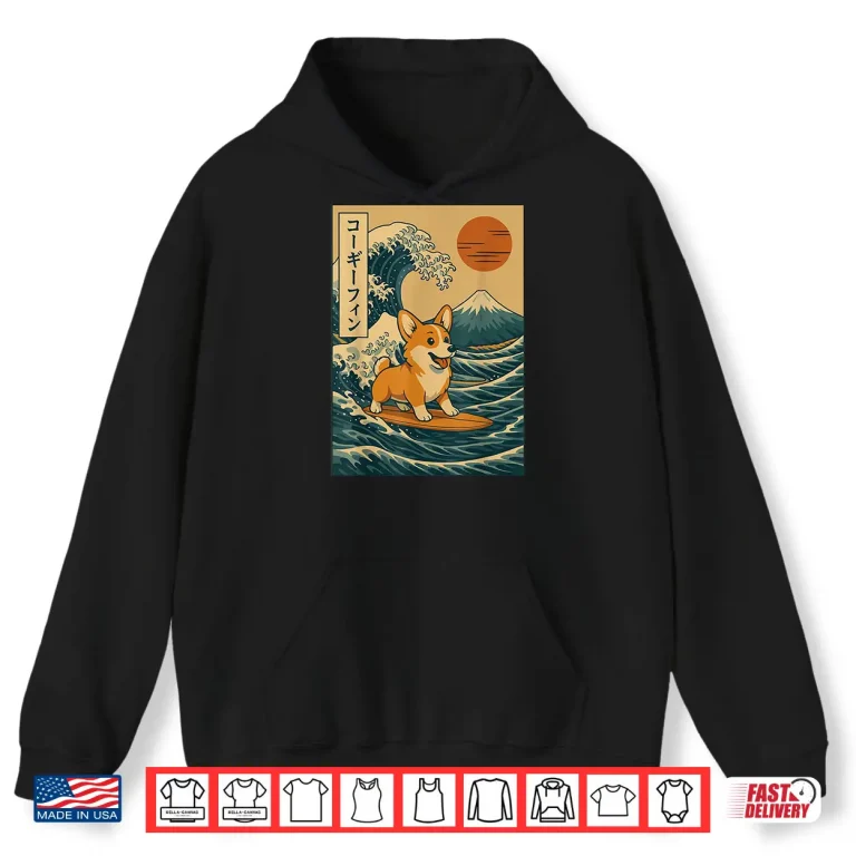 Hoodie Corgi Surfing Japanese Wave Shirt