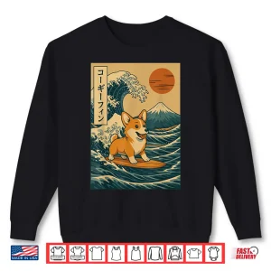 Sweatshirt Corgi Surfing Japanese Wave Shirt