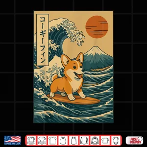 Design Corgi Surfing Japanese Wave Shirt