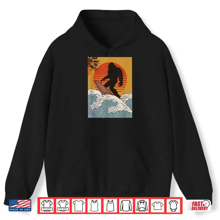 Hoodie Japanese Vintage Kanagawa Art Surfing Bigfoot Hanging Ten Shirt